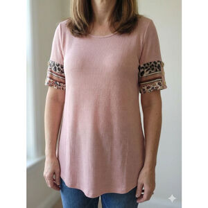 Lovely Melody Pink Short Sleeve Tee with Animal Print Cuffs L business casual